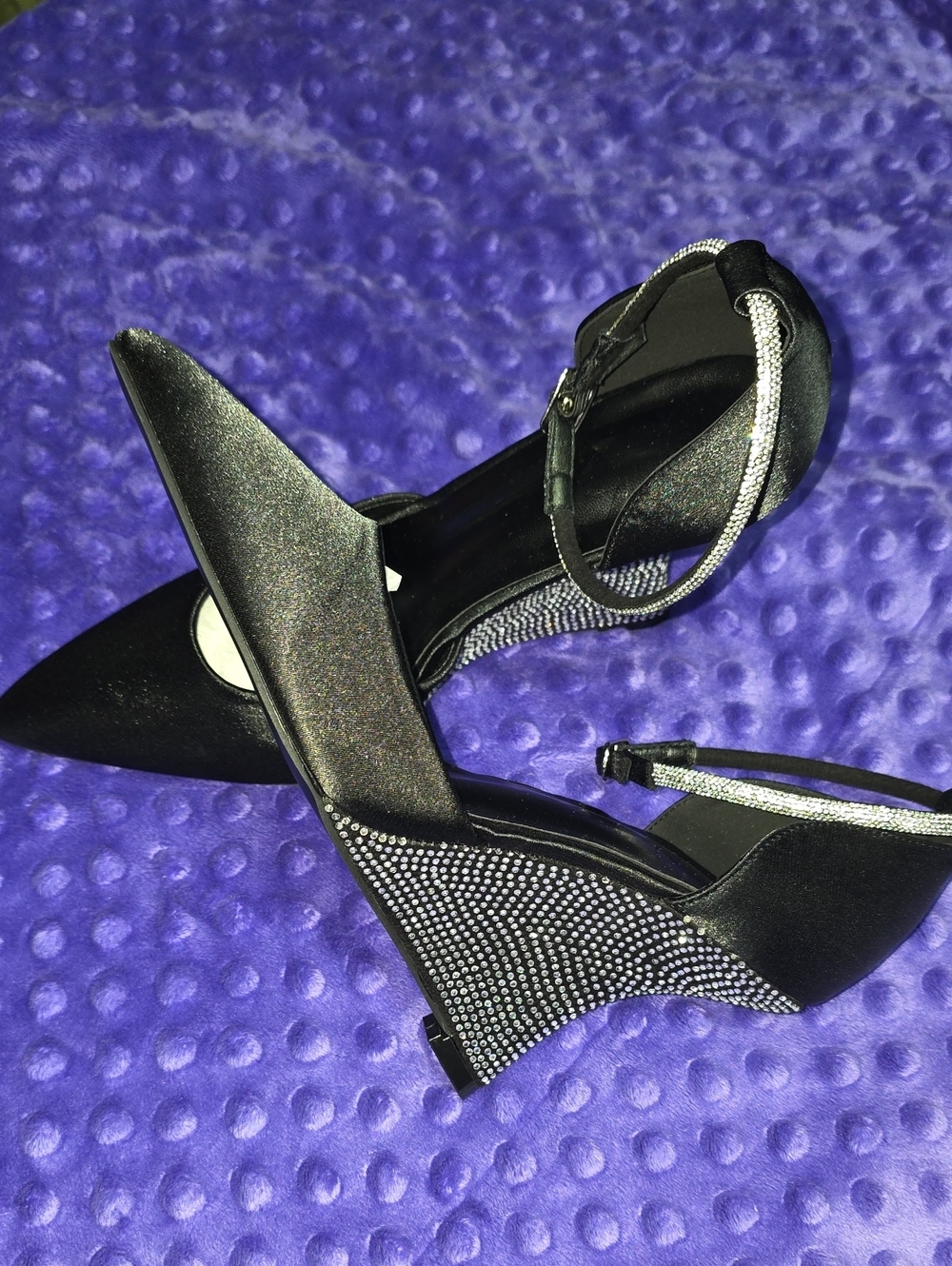 SHEIN Black Pointed-Toe Heels with Rhinestone Wedge & Ankle Strap